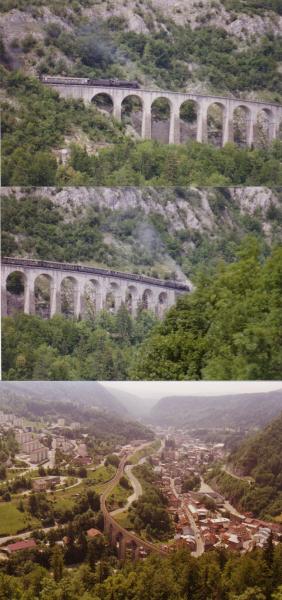   141R 568 sur le Viaduc des Crottes et Vue de Morez Jura juillet 1991