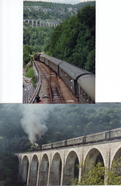 Départ de Morez tender-avant Pour Saint-Claude. Le train passe sur le viaduc de la Source ( 8 arches )  et le viaduc de Morez ( 9 arches ).